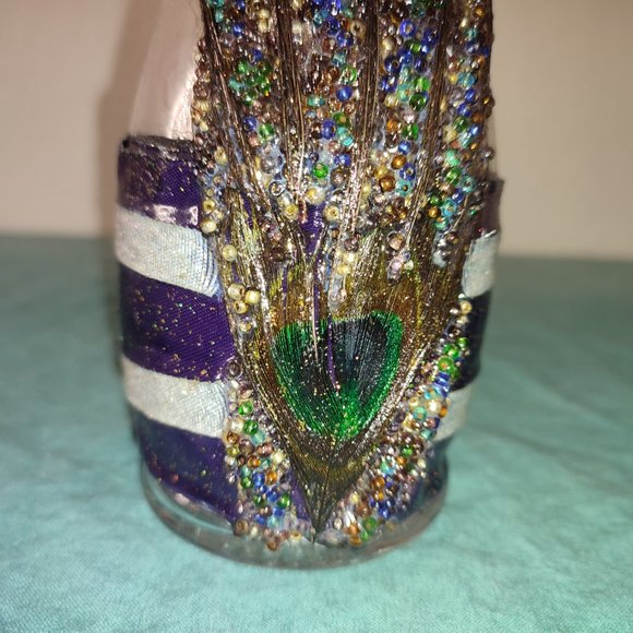 Amazing Crafted Artisan Bottle Italy Peacock Feather Design applied beads Boho - Picture 4 of 12